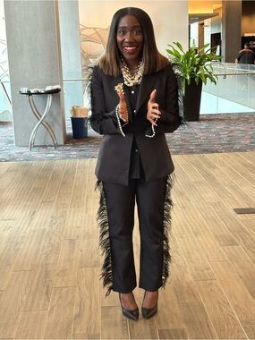 Black Feather-Trim Straight-Leg Pants